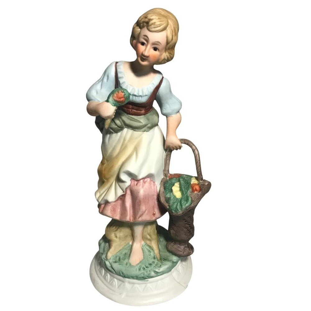 Lady with Flower Basket Figurine Vintage Porcelain Hand Painted 7" Tall Korea